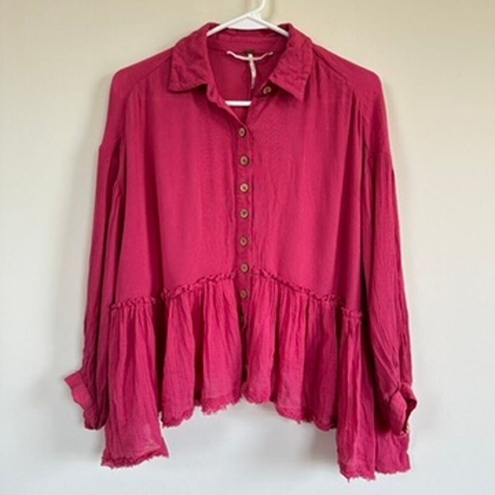 Free People Crepe Babydoll Top Button Front Long Sleeve Distressed Hem Pink XS